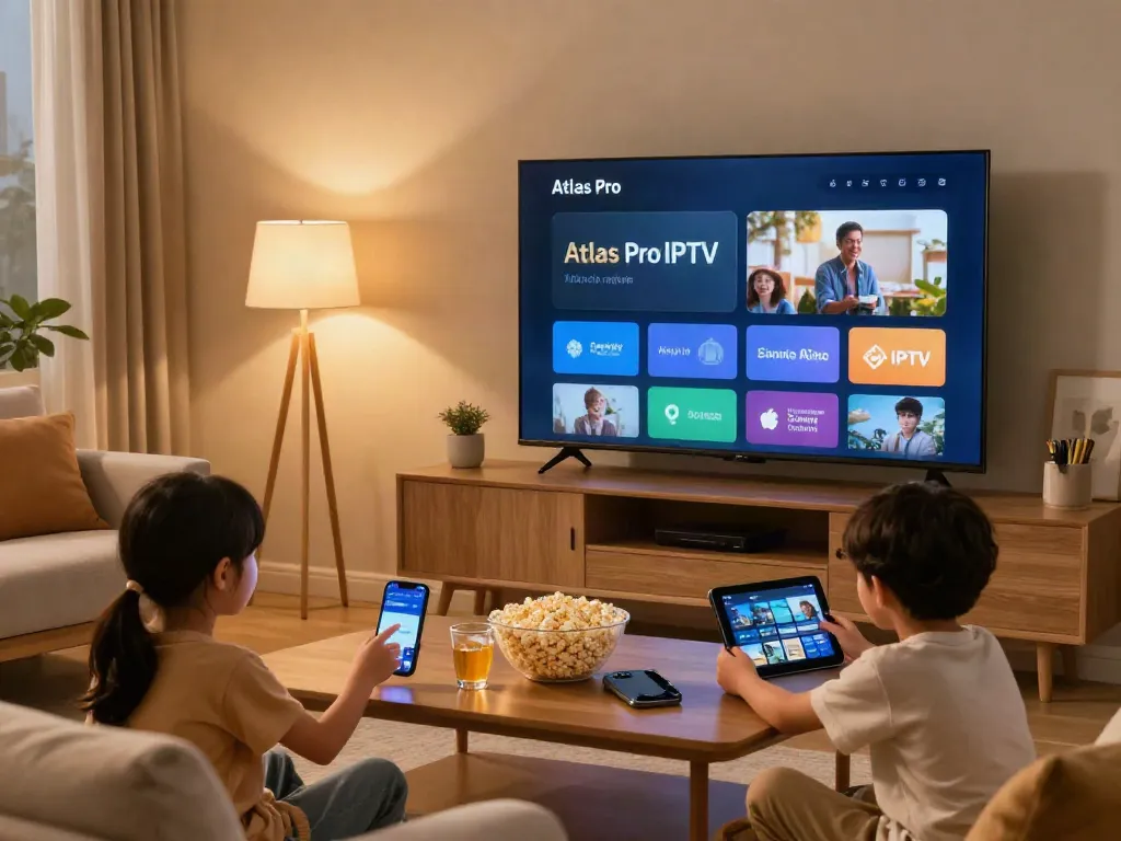 Profitez de l'application atlas pro iptv dans un salon moderne avec plusieurs appareils connectés.