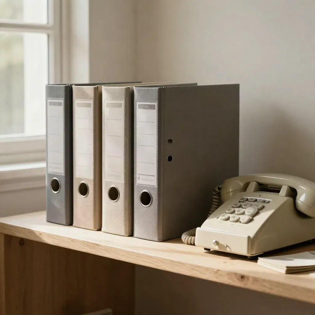 Classeurs de contacts clubs, téléphone ancien et tiroir entrouvert sur étagère en bois clair.