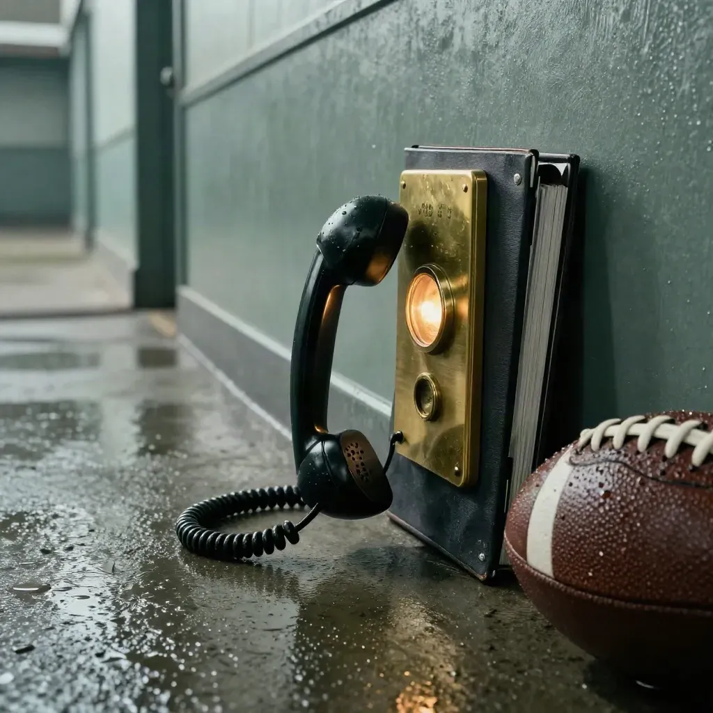 Téléphone à cadran et voyants laiton dans un couloir de stade humide, ballon usé en arrière-plan