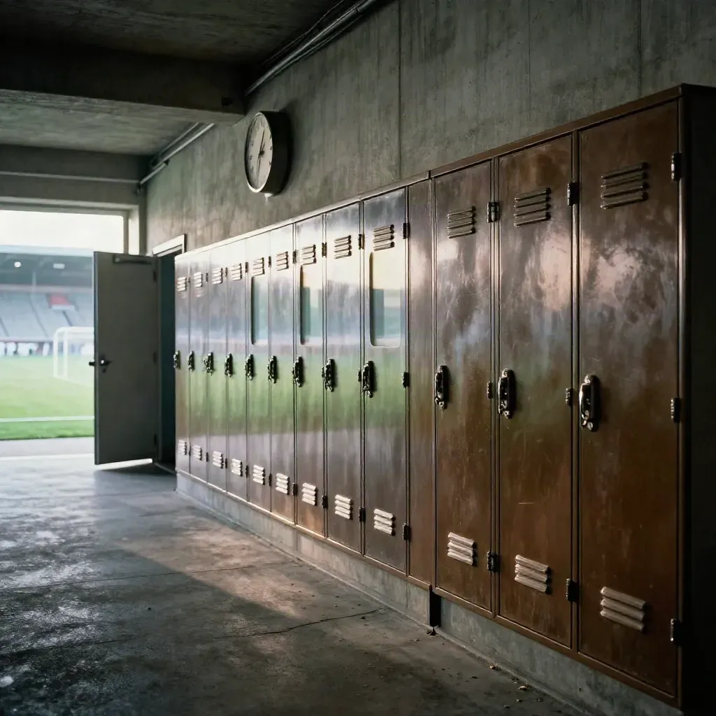 Couloir de stade avec panneaux lumineux, horloge muette et casiers métalliques, lumière froide sur béton.
