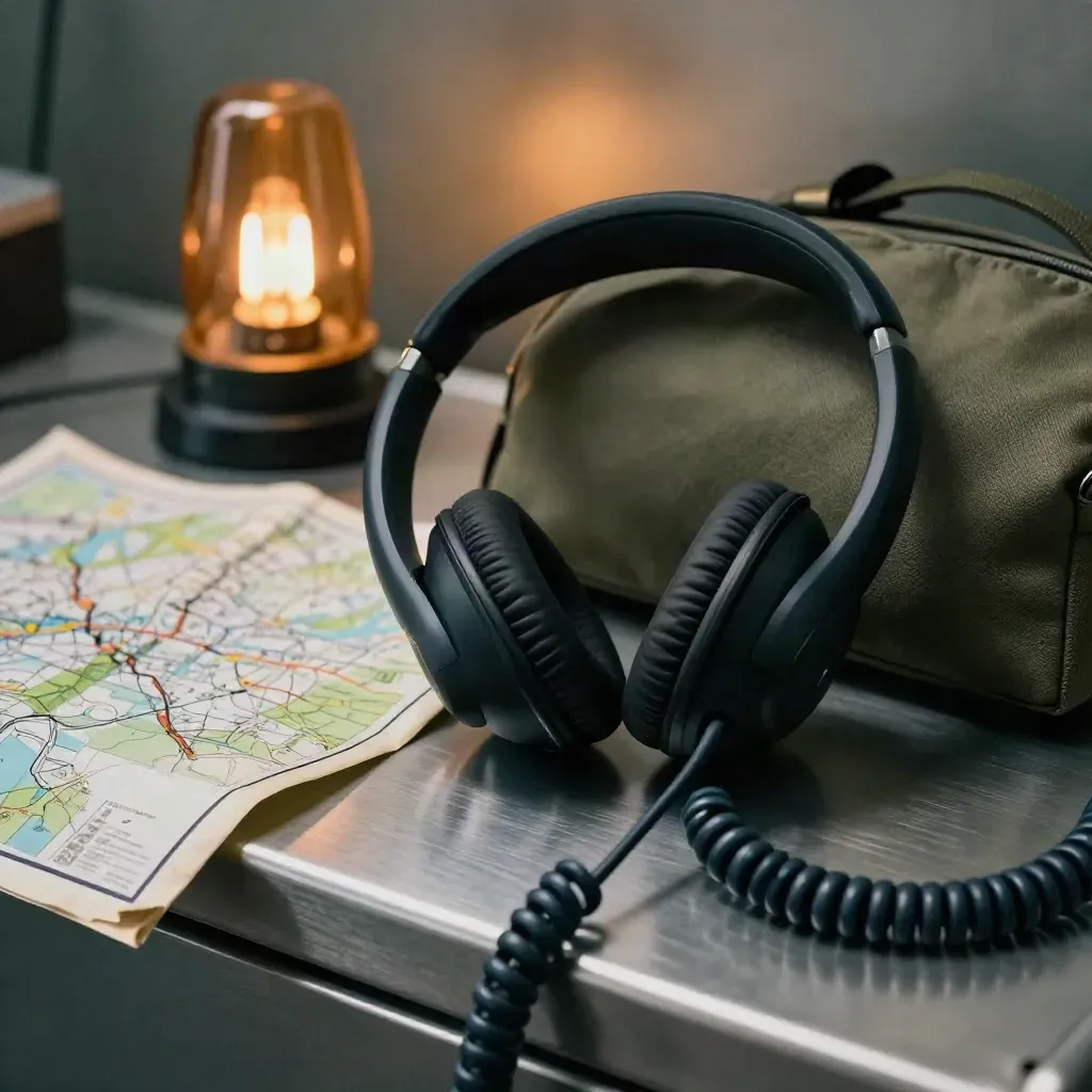 Casque téléphonique, carte pliée et lampe ambrée sur un rebord métallique.