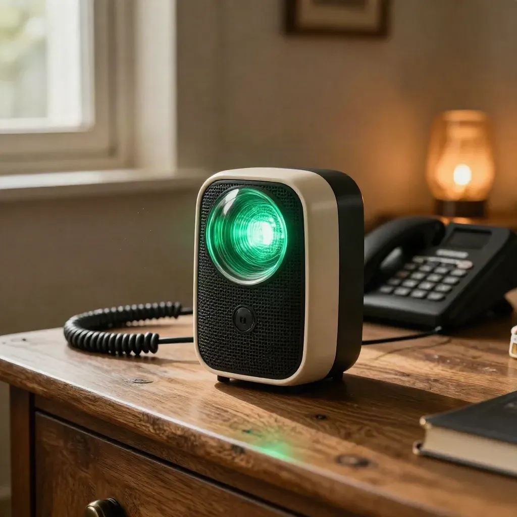 Mini haut-parleur, lampe verte et base téléphonique sur console en bois, lumière douce.
