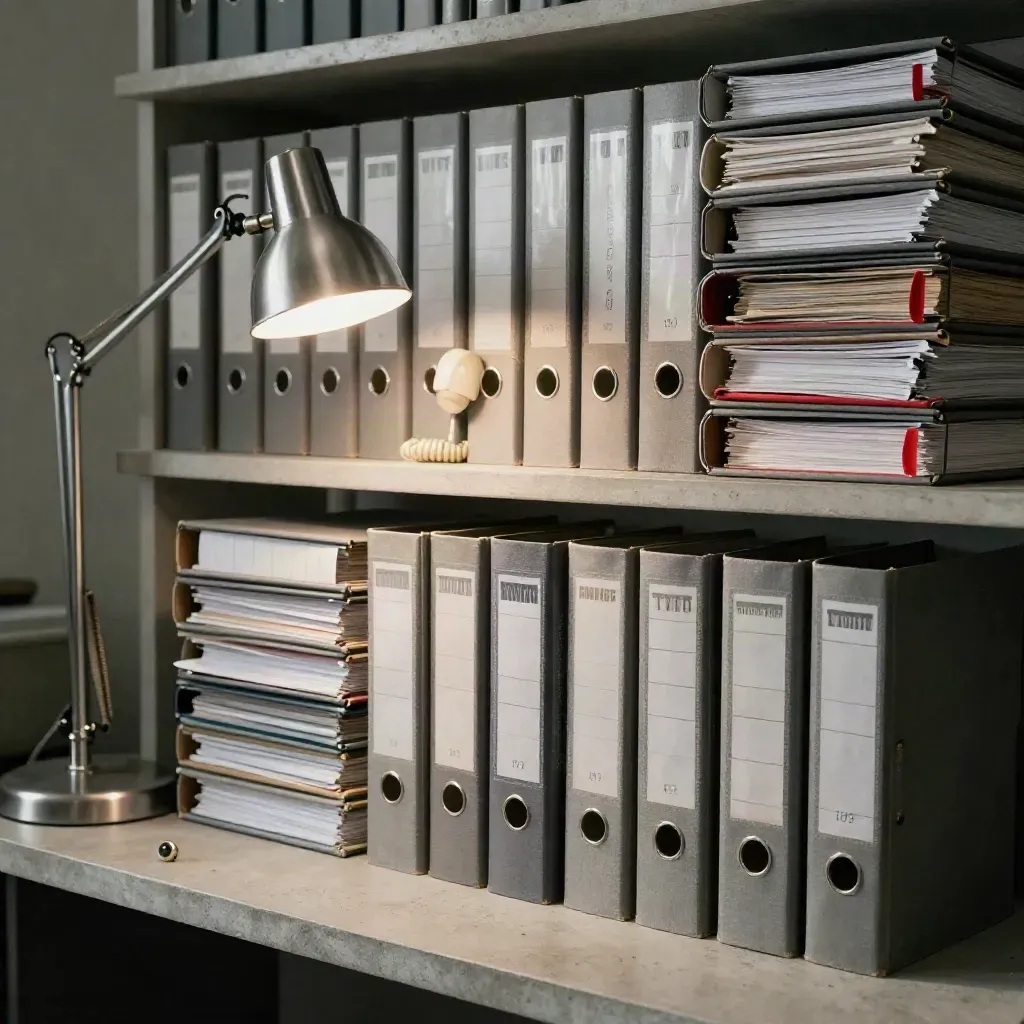 Classeurs de contacts football, lampe de bureau et combiné vintage sur mur de béton clair.