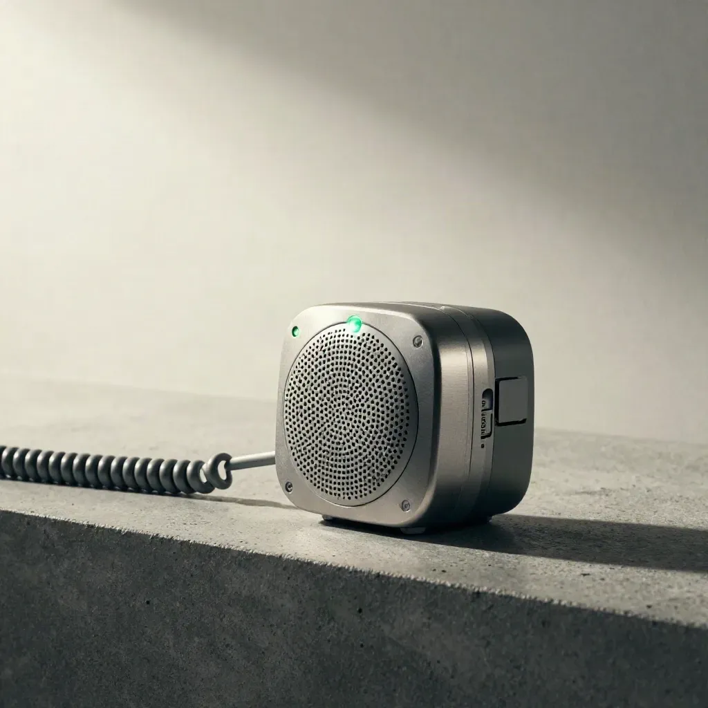 Haut-parleur compact avec voyant vert, prêt à diffuser des alertes de match.