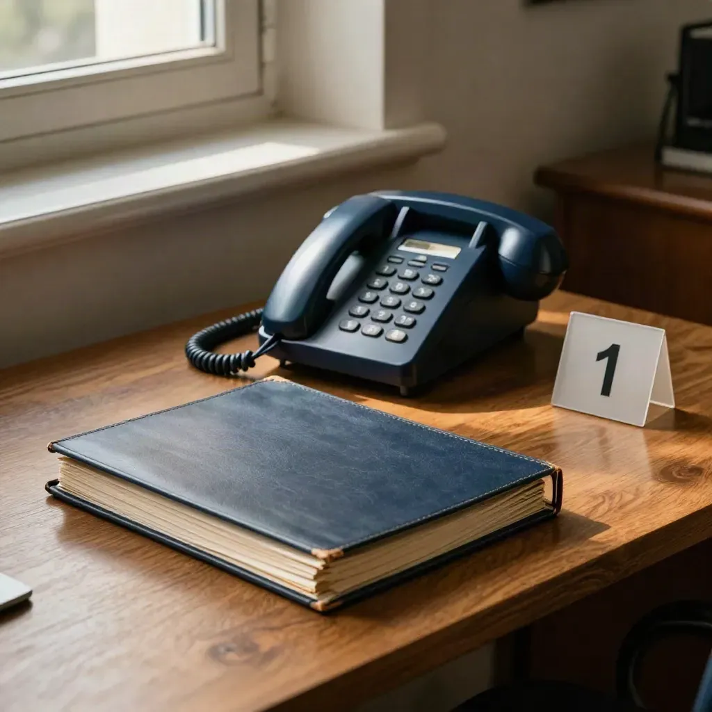 Combiné de bureau, annuaire tourné et plaque de numéros flous dans un bureau cosy.