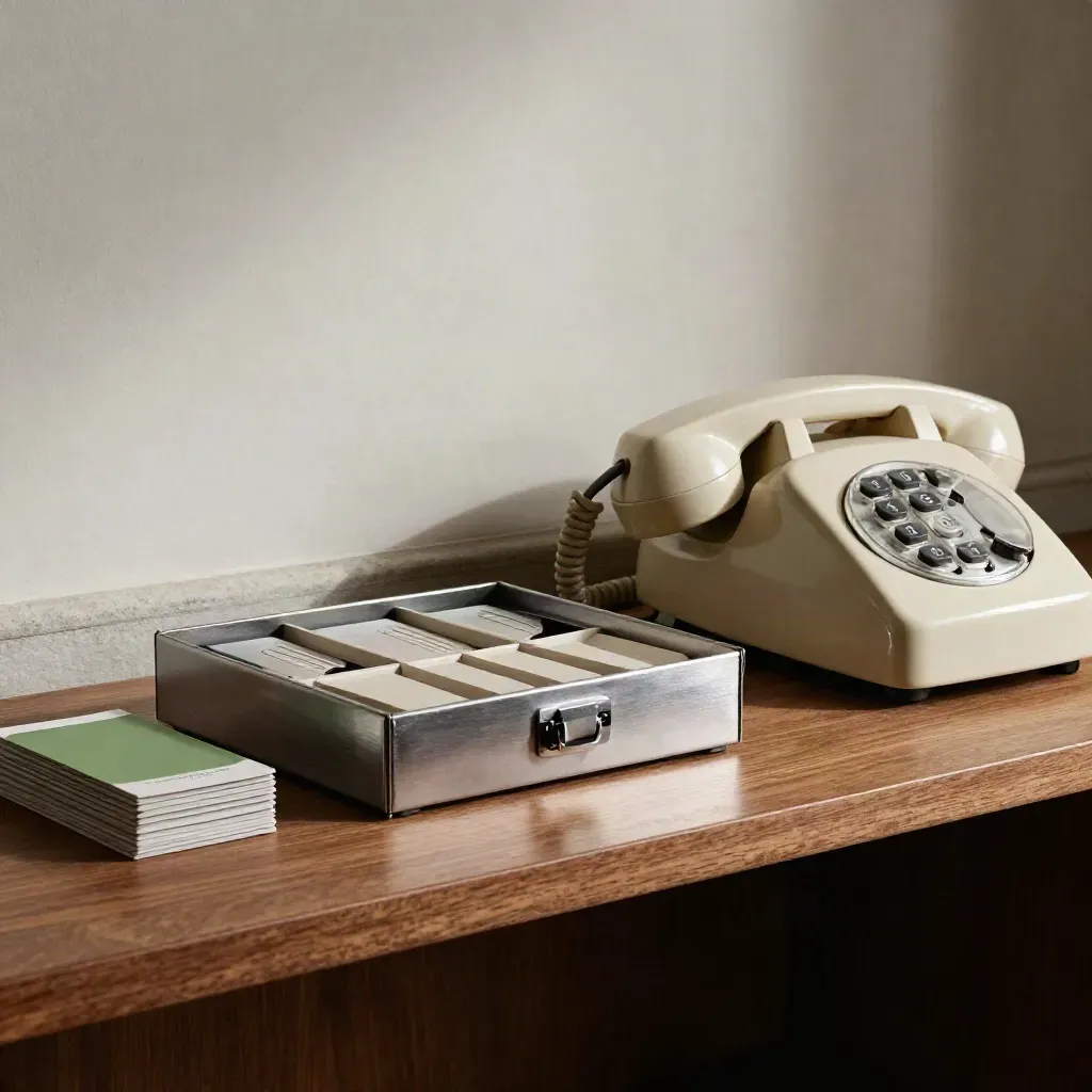 Boîte de classement métallique et téléphone à touches vintage sur étagère lumineuse