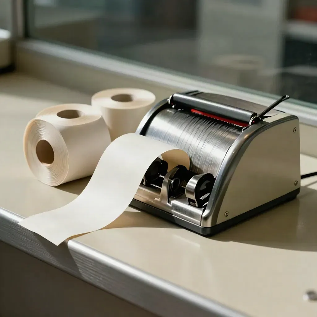 Gros plan de rouleaux de billets, d’une pince perforatrice et d’un compteur de guichet.