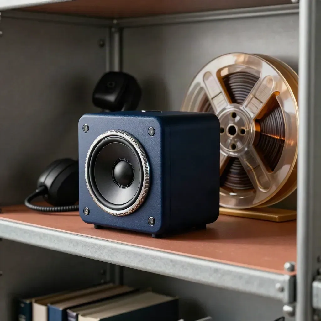 Haut-parleur de bureau, bobine audio et bouton de priorité sur une étagère terracotta.