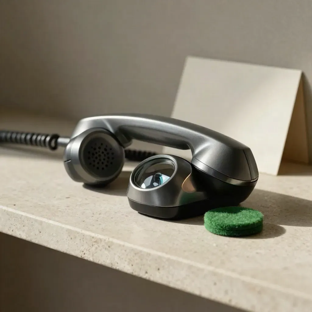 Combiné téléphonique sur socle, molette métal et touche verte sur une étagère en pierre.