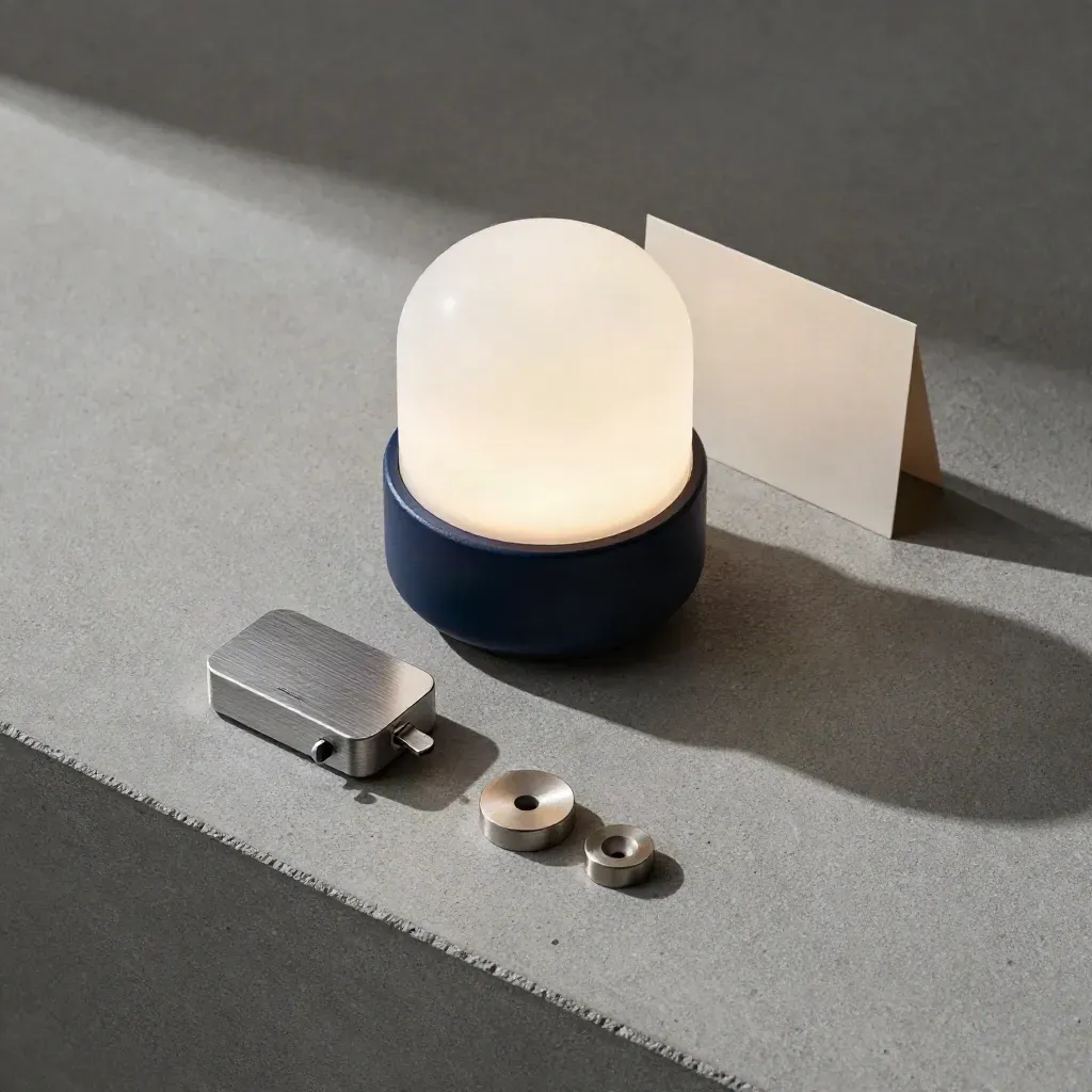 Vue zénithale d’une lampe de rappel, d’un relais téléphonique et de repères de suivi sur béton.