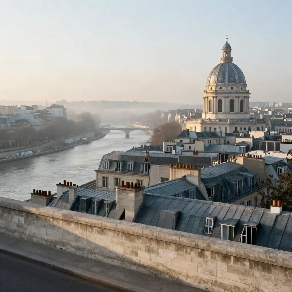 Paris et la Seine dans la brume à l’aube, dôme historique haut dans le cadre