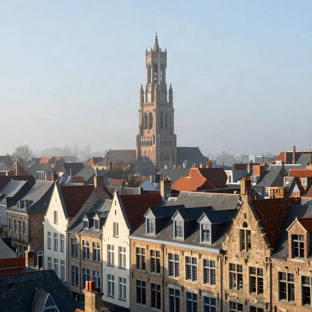 Belfort de Lille sur toits d’ardoise dans la brume du matin