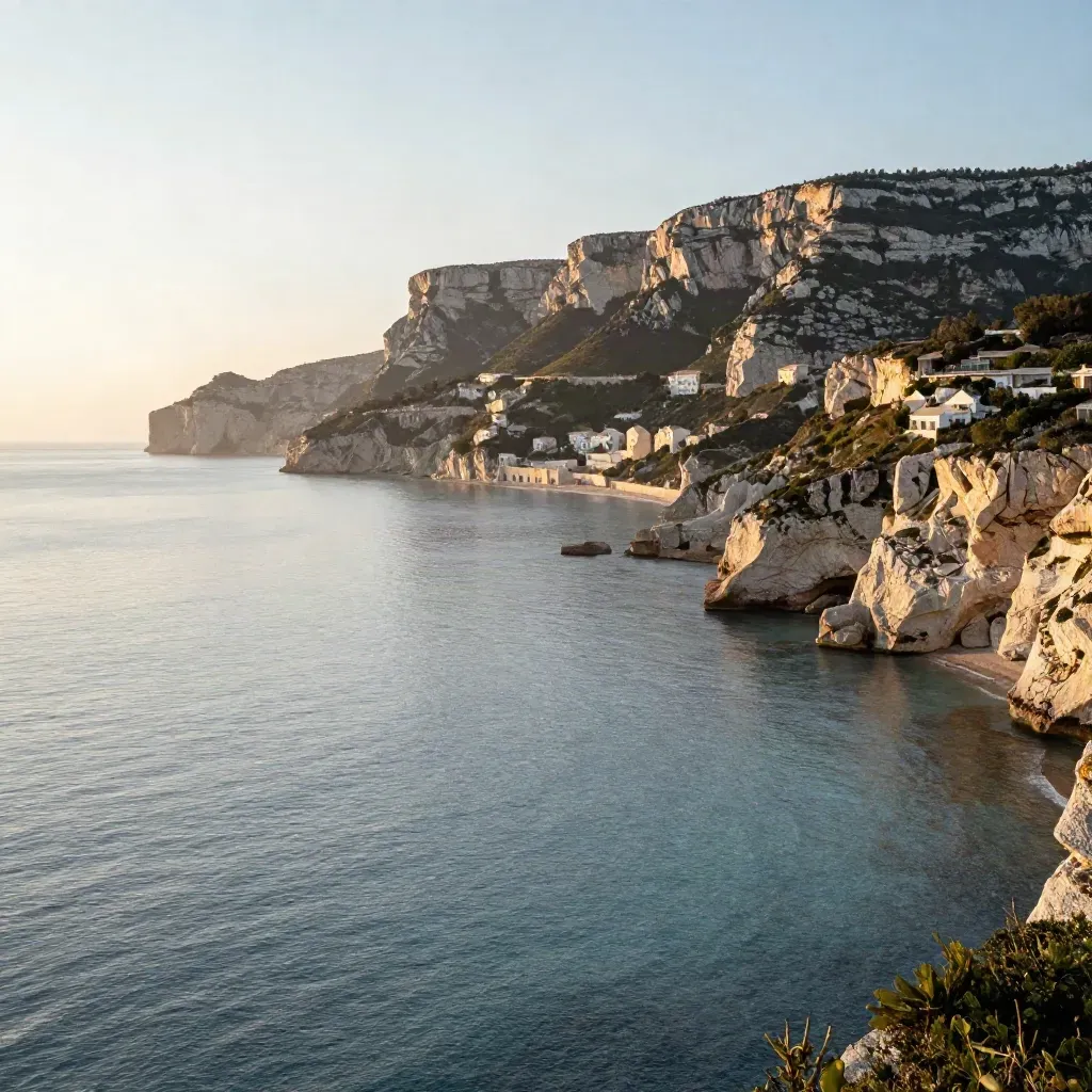 Falaises calcaires de la Côte Niçoise au coucher du soleil, mer calme et halo doré.