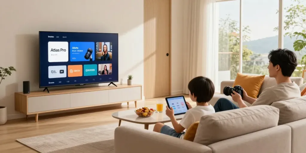 Profitez de l'application atlas pro ontv dans un salon moderne avec une famille réunie.
